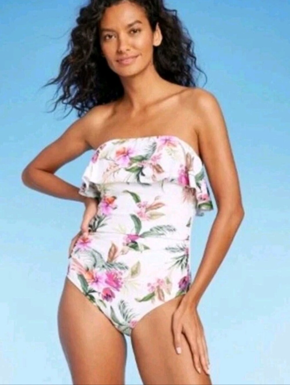 Kona Sol Women's Small 4-6 Bandeau Flounce Ruched 1 Piece Swim NWT Tropical